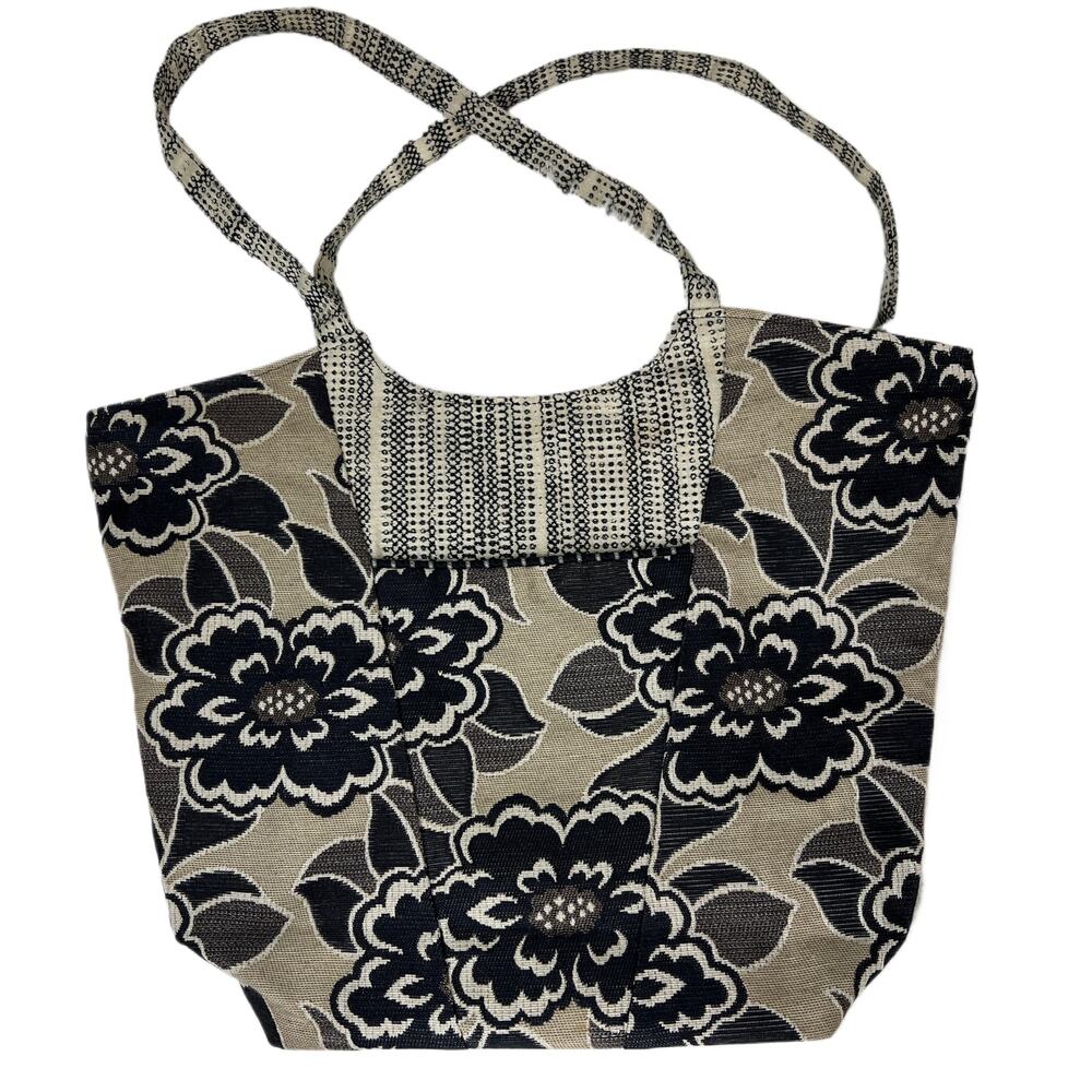 Maruca Handmade Jacquard Tan & Black Floral Tapestry Shoulder Bag‎